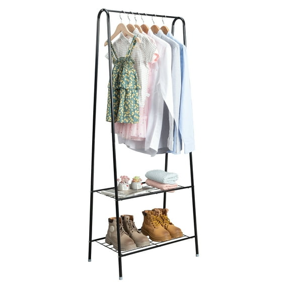2-Tier Heavy Duty Metal Garment Rack with Hanging Rod - Freestanding Shelf for Shoes, Clothes Storage & Drying, Space-Saving Closet Organizer (Black)