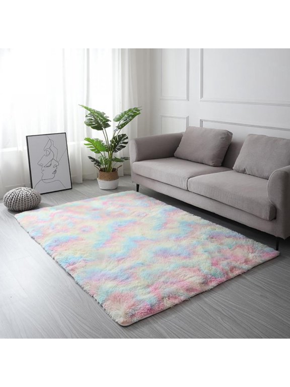 Fluffy Plush Carpet for Kids Room, Non-Slip Floor Mats Rugs for Playing Room, Colorful Rainbow Fluffy Shag Area Rug for Bedroom