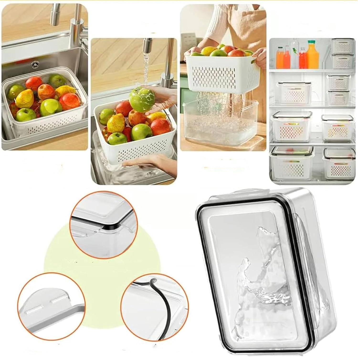 4 In 1 Food Storage Container, Premium Transparent Plastic Food Storage Box With Drain Basket – Multifunctional Airtight Container For Vegetables & Kitchen Organization