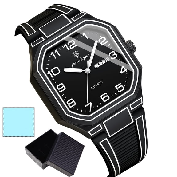 POEDAGAR Men Sports Square Watch Luminous Date Week Silicone Strap Waterproof Casual Quartz Wristwatch