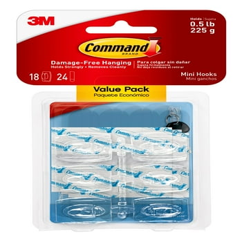 Command Mini Wall Hooks, Clear, Damage Free Decorating, 18 Hooks and 24 Command Strips