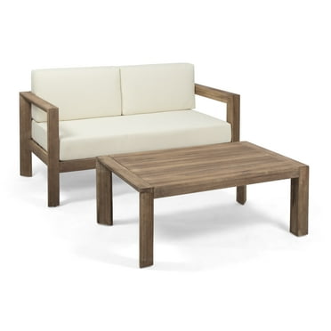 GDF Studio Lucia Outdoor Acacia Wood Loveseat and Coffee Table Set with Cushions, Beige and Brown