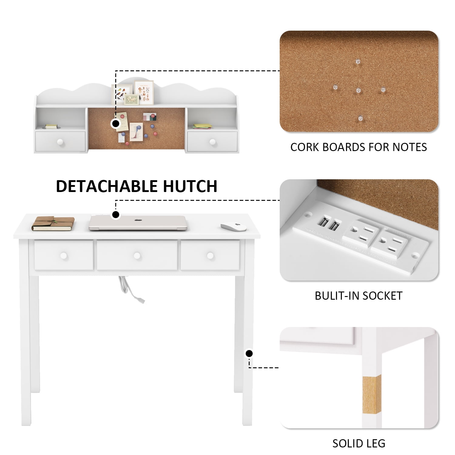 LAZZO 36" Writing Desk with Detachable Hutch & Drawers, Home Office Study Desk, White