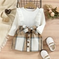 thumbnail image 2 of PatPat Toddler Girls Outfits Little Girl Clothes Ruffled Ribbed Top and Bow Plaid Skirt Set, White,4-5T, 2 of 8