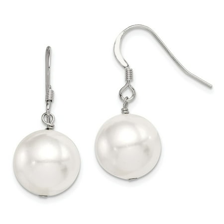 Round Shell Earrings - Sterling Silver 12-13mm White Shell Round Pearl Dangle Earrings
