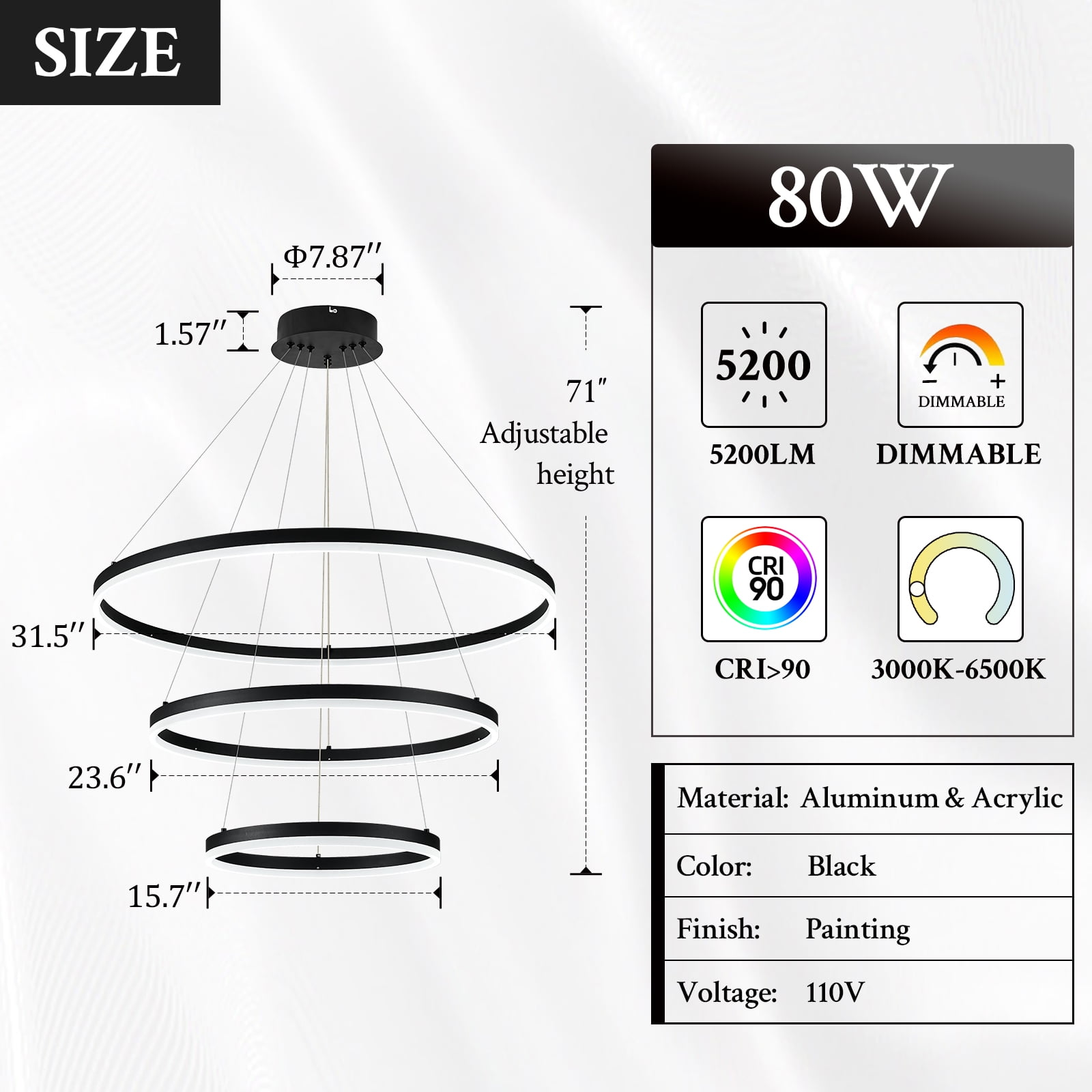 3-Rings Modern LED Chandelier Black, Dimmable Pendant Lighting with Remote Control Circular Flush Mount High Ceiling Light for Living Room Dining Room Foyer, 3000K-6500K D31.5"