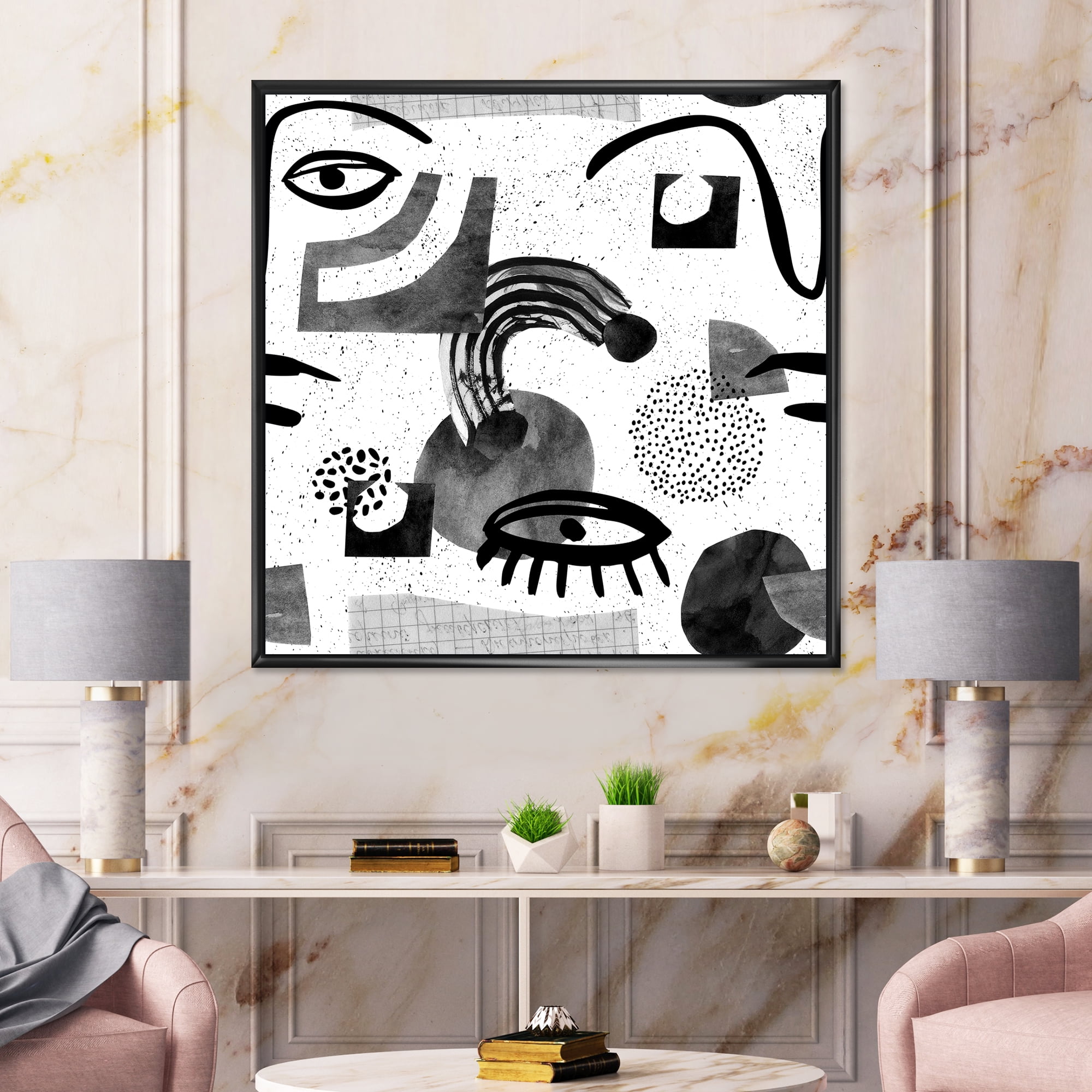 Designart 'Collage of Eyes And Doodles In Contemporary Style II' Modern Framed Canvas Wall Art Print