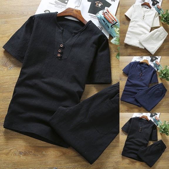 Men's 2 Pieces Linen Set Henley Shirt Short Sleeve and Harem Pants Wide Leg Baggy Beach Yoga Trousers Outfits Size L-4XL White