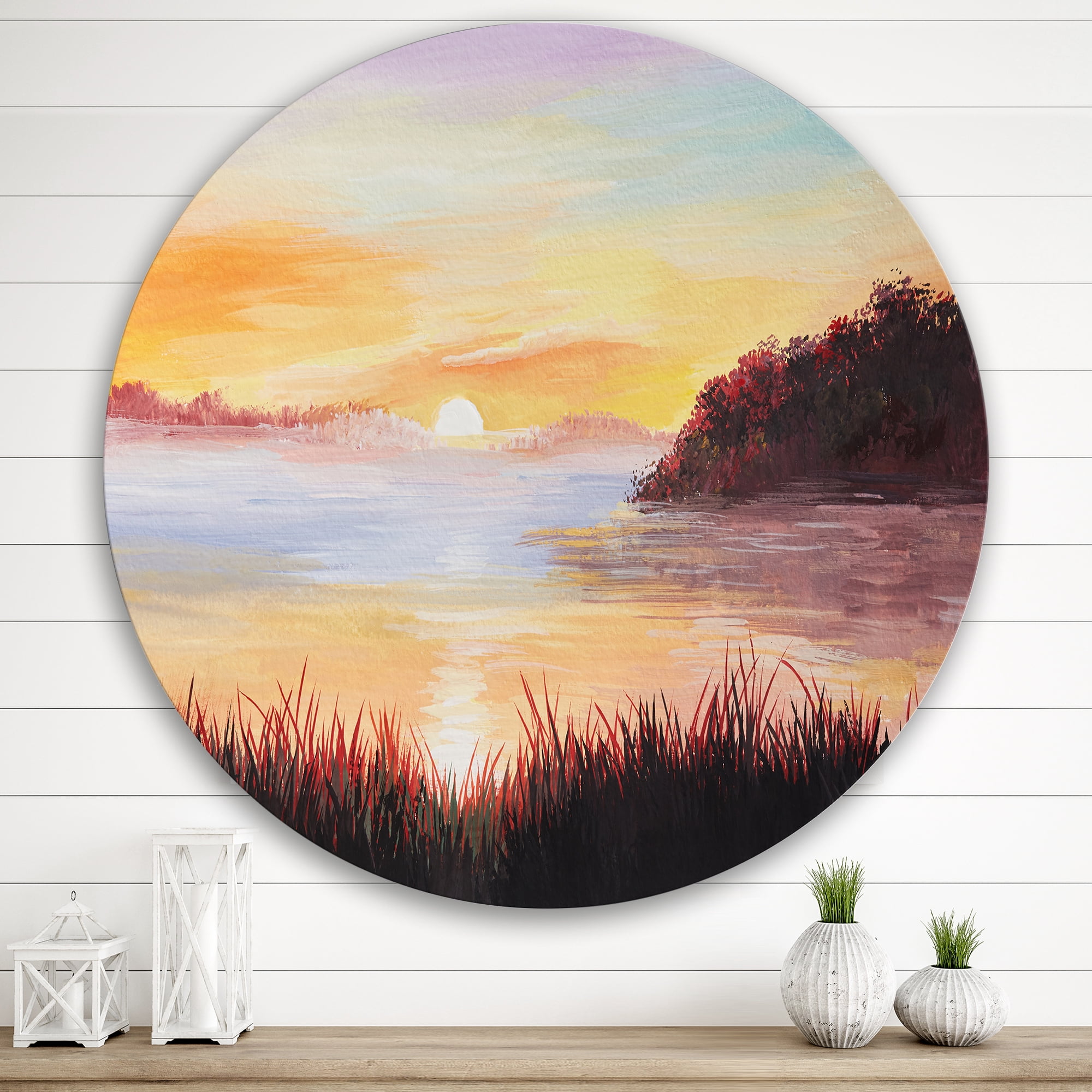 Designart 'The Reeds On The Lake In Evening Glow' Nautical & Coastal Circle Metal Wall Art 36x36 - Disc of 36