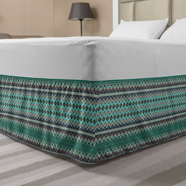 Bohemian Bed Skirt, Traditional Geometrical Aztec Motifs Zig Zags and