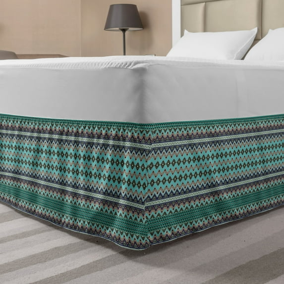Bohemian Bed Skirt, Traditional Geometrical Aztec Motifs Zig Zags and Triangle Ornaments, Elastic Bedskirt Dust Ruffle Wrap Around for Bedding Decor, 4 Sizes, Multicolor, by Ambesonne