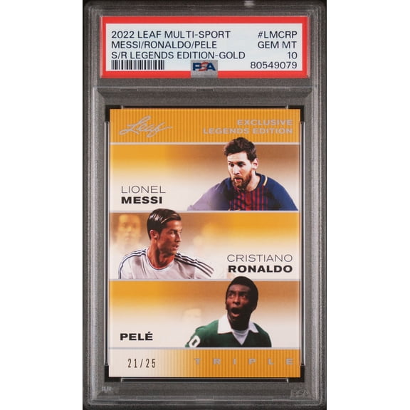 2022 Leaf PSA 10 Pele Lionel Messi Cristiano Ronaldo #LMCRP The Triple Gold #21/25 Rare Trading Card FC Barcelona