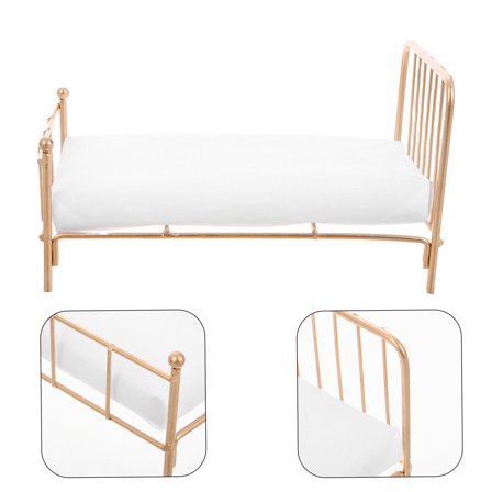DEEPCRAFF 1Pcs Miniature Bed for Dollhouse Furniture Realistic Design Golden Metal Cloth Cushion 6.21X4.32X3.54In