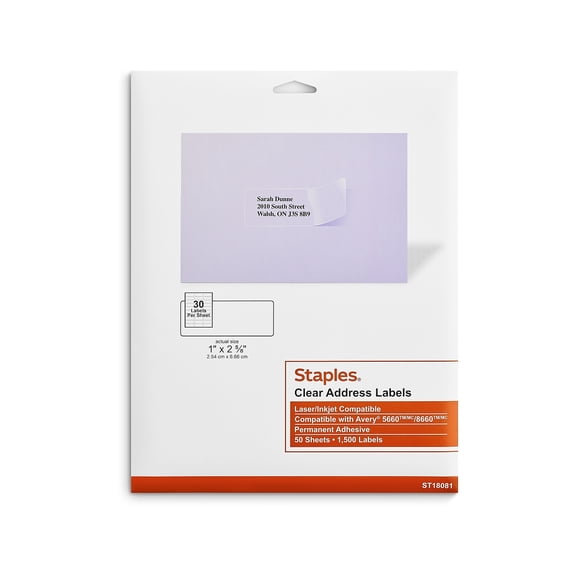 Staples Laser/Inkjet Address Labels 1" x 2 5/8" Clear 30 Labels/Sheet 573950