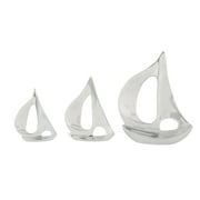 12", 8", 7"H Silver Aluminum Metal Sail Boat Sculpture, by DecMode (3 Count)