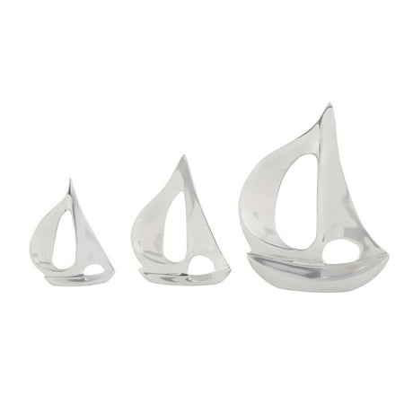 12", 8", 7"H Silver Aluminum Metal Sail Boat Sculpture, by DecMode (3 Count)