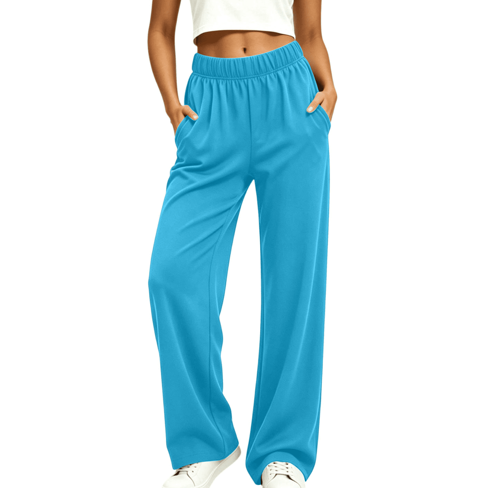 ClodeEU Women s Elastic High Waist Wide Leg Pants Soft Casual Loose Pant with Pockets Blue Women s Plus XL