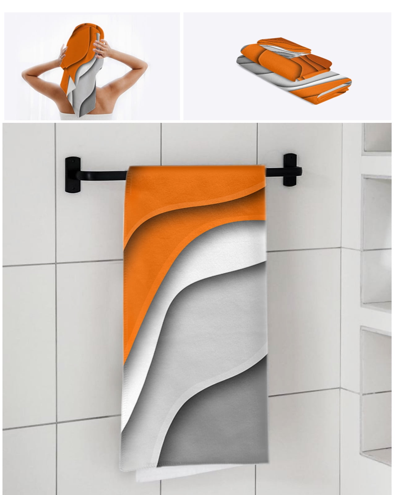 Orange Grey Ombre Bath Towels for Bathroom Set,Luxury Microfiber Towels Gifts for Women,Beach Kitchen Hand Hair Face Towel and Dish Washcloth,Modern Geometric Abstract Aesthetics Cream Towels+Set