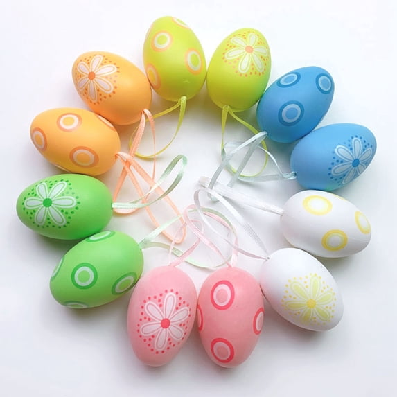 24 PCS Easter Hanging Eggs,1.5 inch Multicolored Plastic Easter Egg Hanging Tree Ornament Hand-Painted Hanging Ornaments for Easter Day Decoration