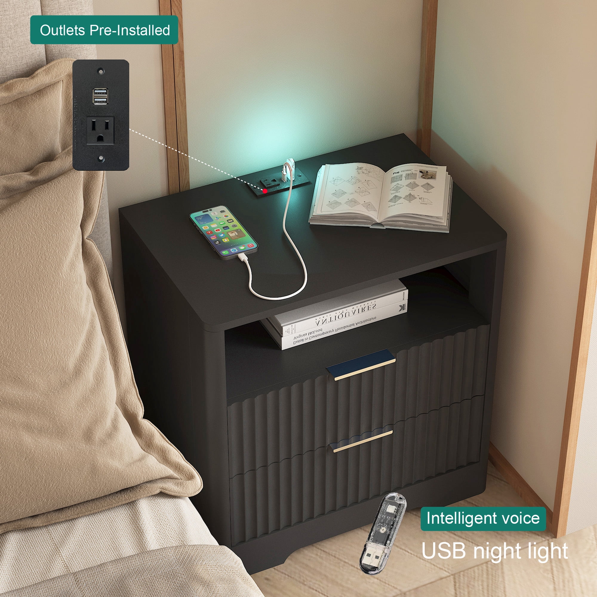 Mintazer Nightstand with Voice-Controlled LED Light & Charging Station, Bedside Table with 2 Drawer Open Shelf for Bedroom, Black