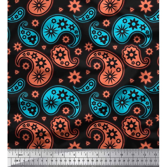 Soimoi Black Silk Fabric Floral & Paisley Decor Fabric Printed Yard 42 Inch Wide