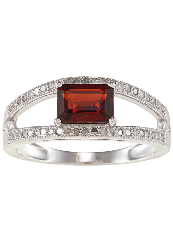 Sterling Silver Emerald-cut Garnet and Split-Shank Diamond Ring