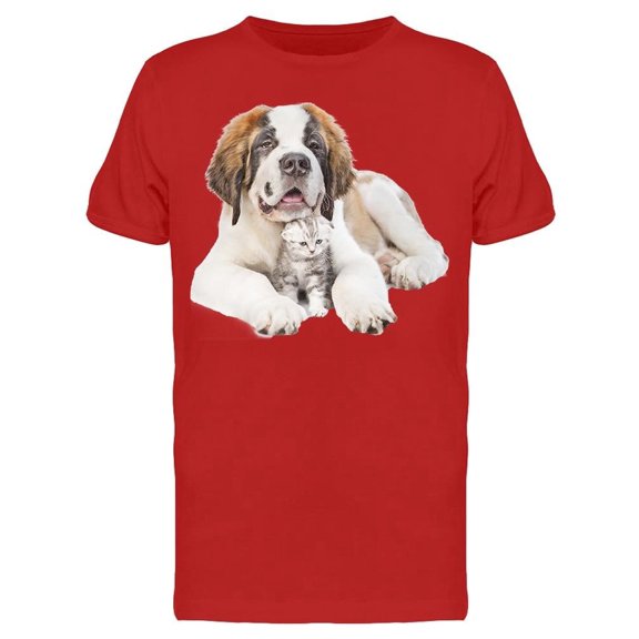 Smiley St. Bernard Hugging Cat Tee Men's -Image by Shutterstock