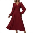 thumbnail image 3 of abtuhar Dress for Women,Women's Dresses,Plus Size Dresses,Women's V-neck Solid Color Wool Dress with Lantern Sleeves Waist Pleated Long Skirt Wine, 3 of 5