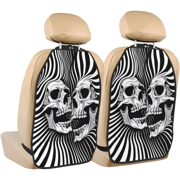 Kdxio Psychedelic Skull Illusion Art Print 2 Pack Car Kick Mat Seat Cover Back Protector Mat with Pockets for Organizer Backseat Protector and Storage Anti Kick Pad for Vehicles