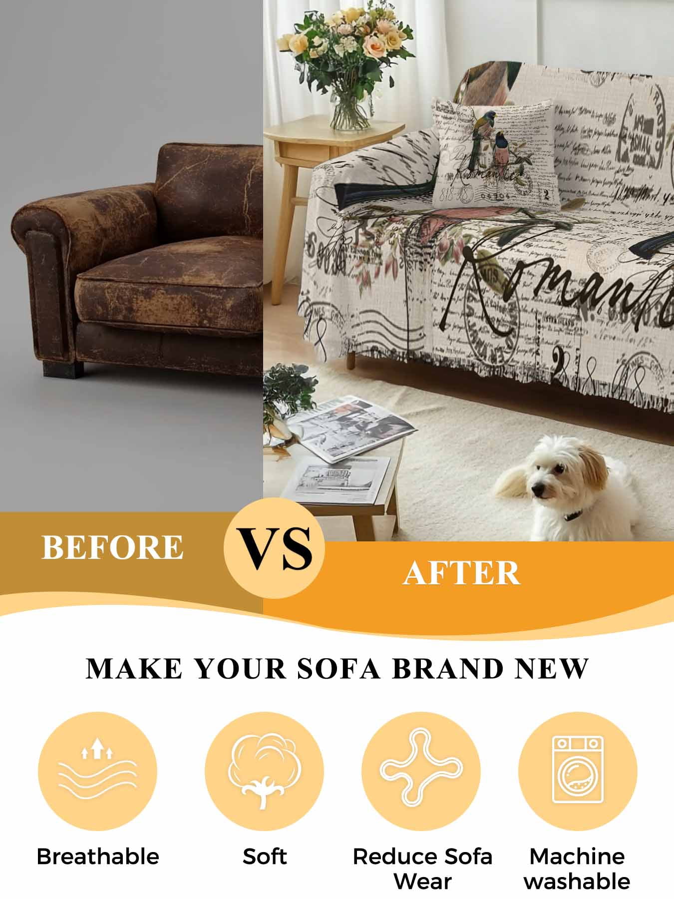 Vintage Birds Couch Cover Sofa Covers 3 Cushion Sectional Couch, Country Envelope Postmark Farmhouse Botancial Washable Sofa Covers Slipcover Sectional Sofa Cover, Furniture Protector 71"x150"