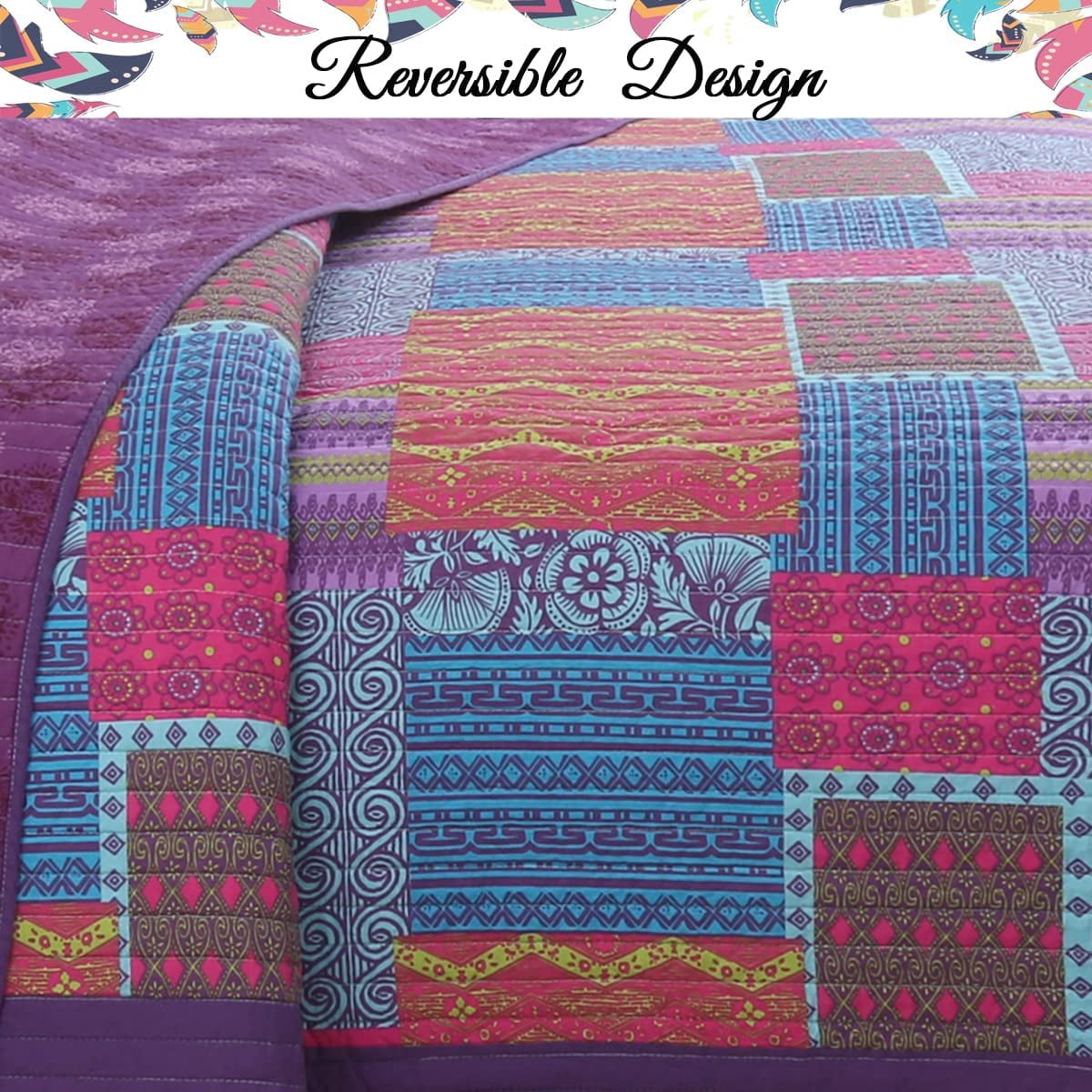 Cozy Line Home Fashions Aldiana 3-Piece Purple Patchwork Reversible Cotton Quilt Bedding Set, King