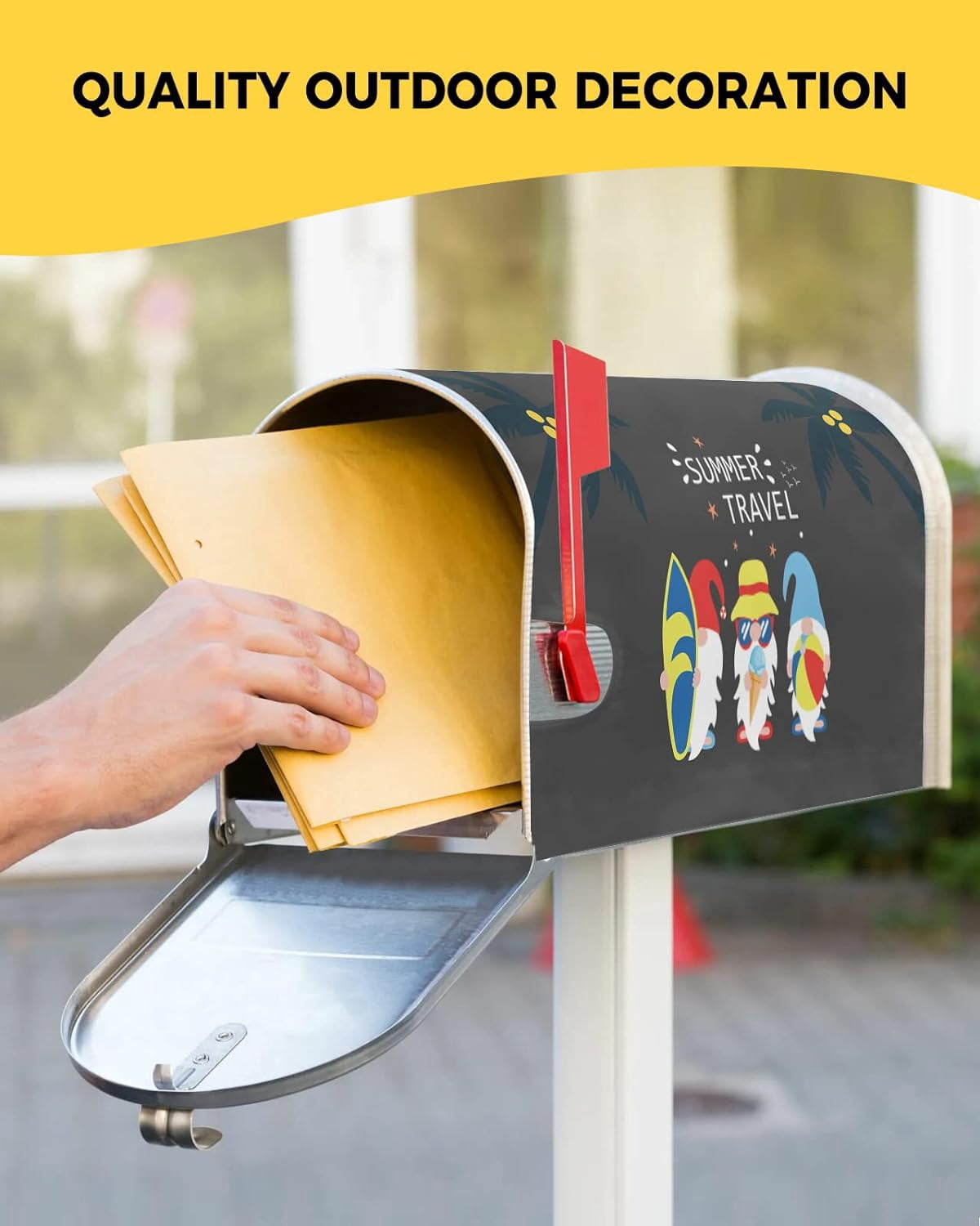 Mailbox Cover, Summer Travel Beach Dwarf with Surfboard Sunglasses Black Mailbox Wrap Magnetic Mailbox Covers for Garden Yard Outdoor Decor,Farmhouse Mailbox Post Box Cover Wraps Large Size 21"x25.5"