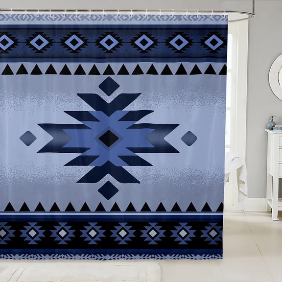Boho Aztec Geometric Shower Curtain Blue Tribal Southwestern Bathroom Curtain Fabric Waterproof with Hooks 71x71 inches