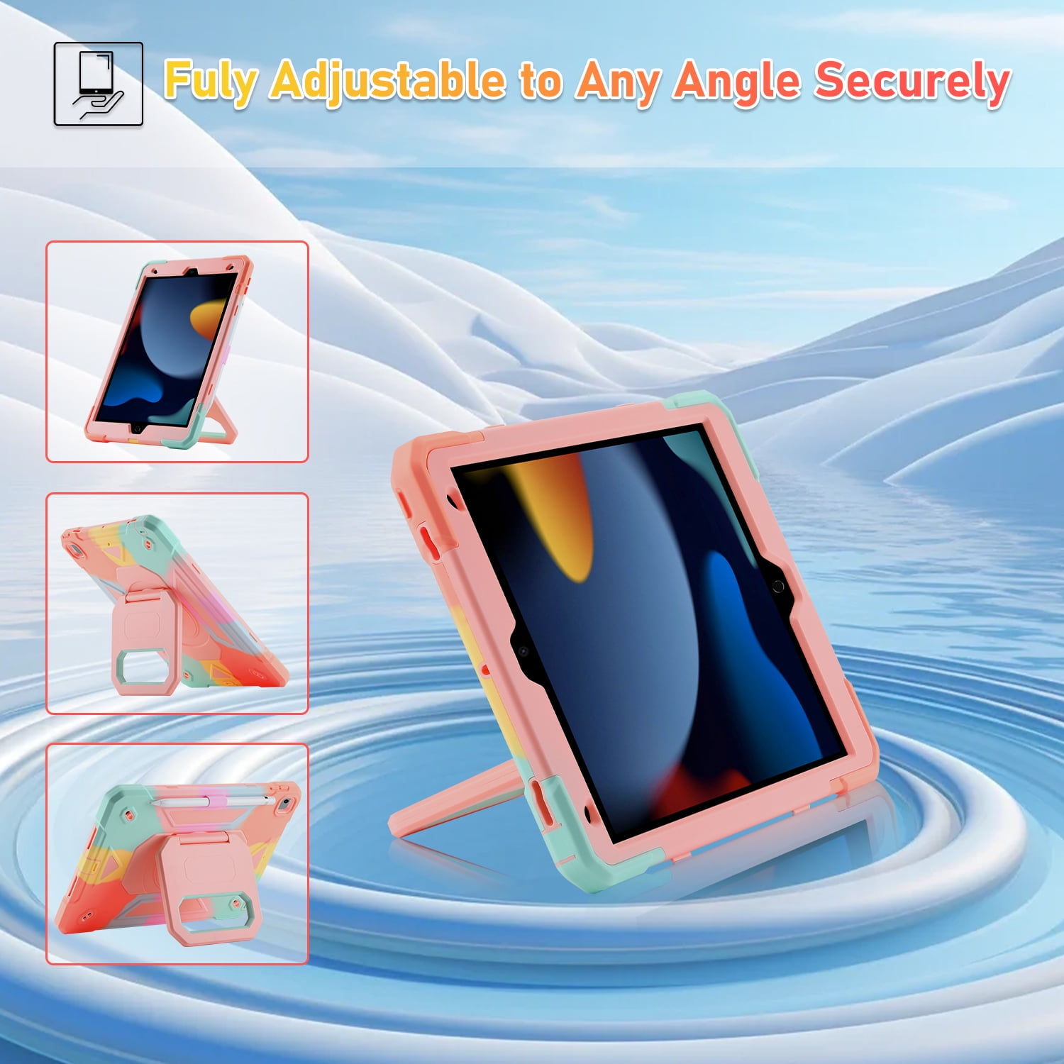 Allytechgroup Heavy Duty Shockproof Case Cover for Apple iPad 9th 8th 7th Generation, Ultimate Protection with Handle Stand, Shoulder Strap, and Pencil Holder Kids Friendly, Colorful Pink