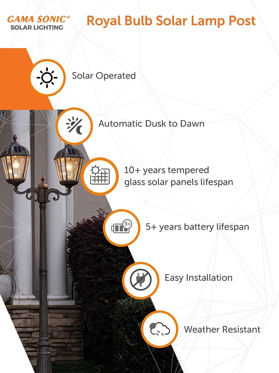 Gama Sonic Outdoor Solar Lamp Post Light Kit, Royal Bulb 300 Lumens, Double Head Weathered Bronze Cast Aluminum and Clear Beveled Glass Post Lamp, Light Pole, and Warm White Light 2700K, 98B302
