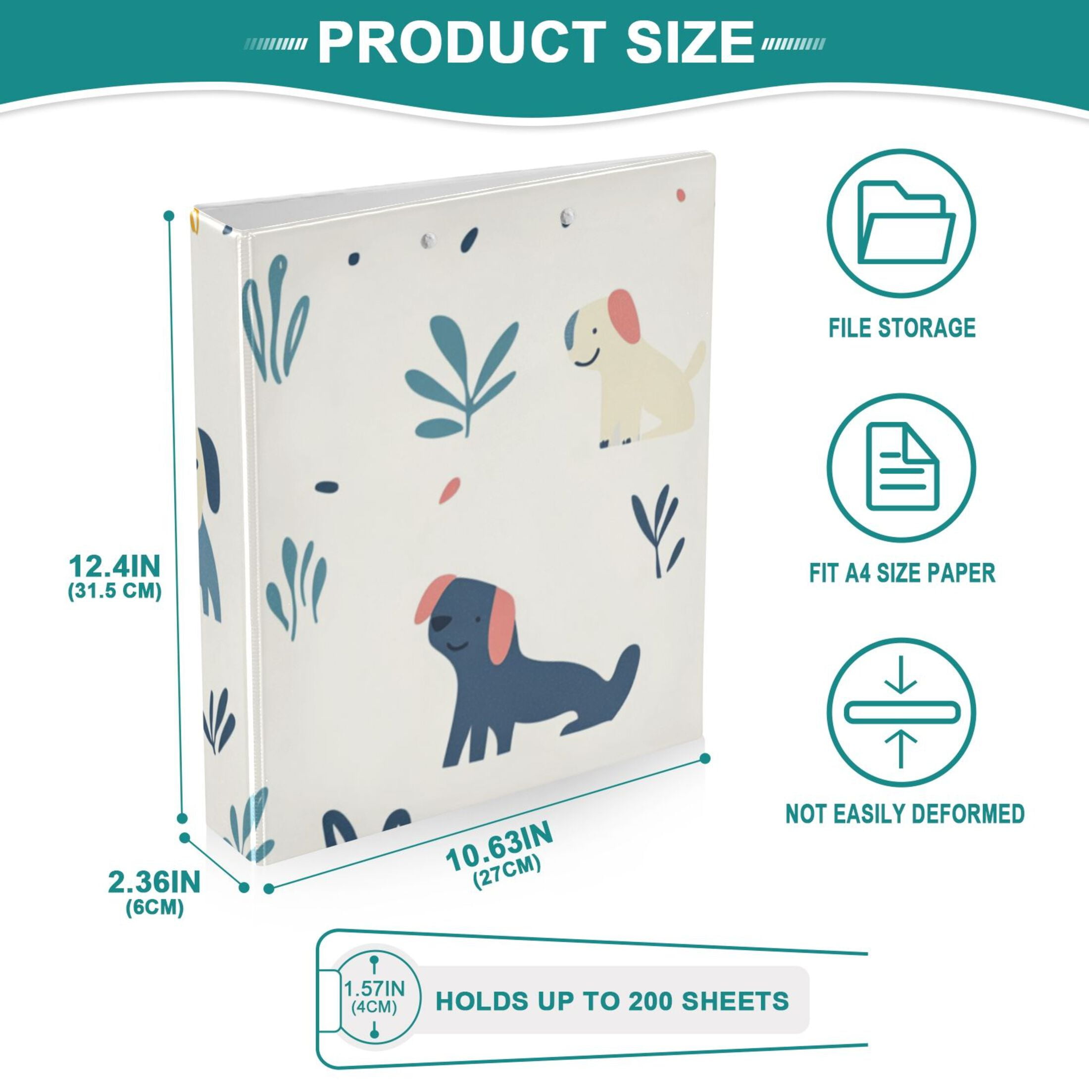 Cute Dogs and Leaves 3 Ring Binders 1.5 inch Hardcover File Folders with Interior Pockets A4 Size Organizer for School Office Hospital