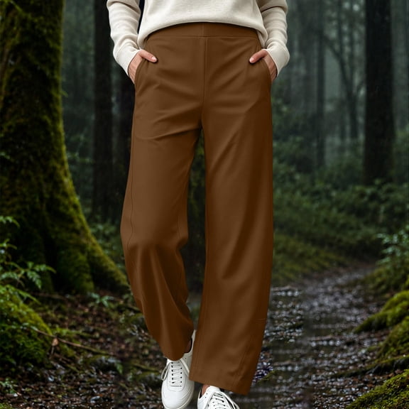 Wovilon Women's Barrel Leg Pants High Waisted Pull On Casual Pants with Pockets Relaxed Fit Curved Leg Everyday Trousers
