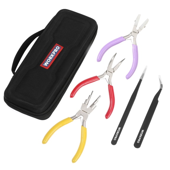 WORKPRO 5 Pieces Jewelry Pliers, Jewelry Tools Includes 6 IN 1 Wire Loop Pliers, Nylon Nose Pliers, Bent Nose Pliers for Jewelry Making, Pointed Tweezers, Curved Tweezers, with Storage Bag