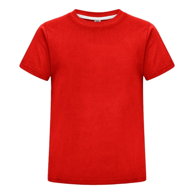 playera negra para niño algodón, básica, manga corta, ideal para estampado de caricaturas o uso diario (color real: rojo). Vista frontal centrada de una camiseta infantil con cuello redondo y mangas cortas, corte recto y dobladillos cosidos visibles; según ficha: Algodón 100% suave y transpirable, diseño liso y versátil ideal para personalizar. Fondo blanco neutro.