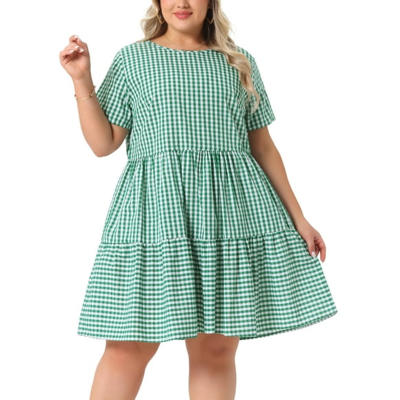 Agnes Orinda Women's Plus Size Gingham Dresses 1950s Vintage Tiered Crew Neck Short Sleeve Summer Casual Midi Plaid Dress 1X Green