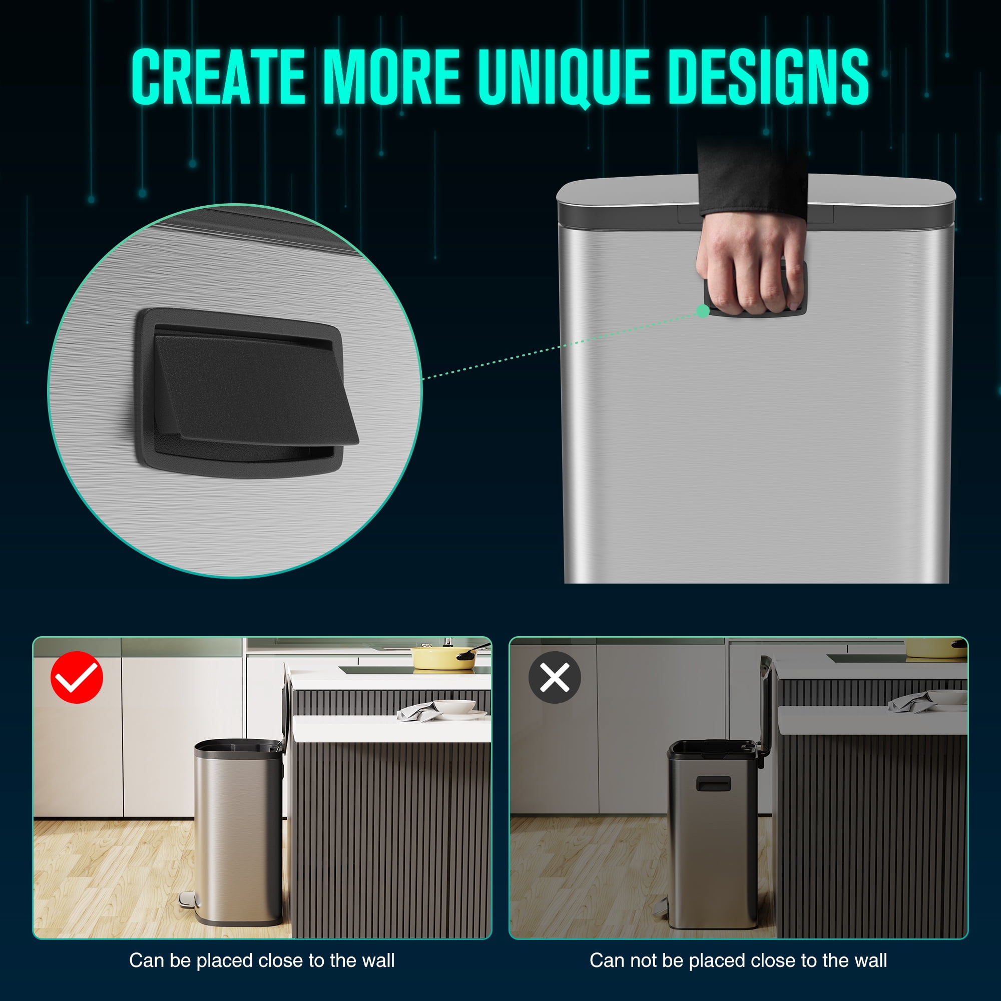 Miniyam 13 Gallon 50L Trash Can, Stainless Steel Foot Pedal Operated Soft Close Trash Can with 30 Garbage Bags for Kitchen, Office, Silver