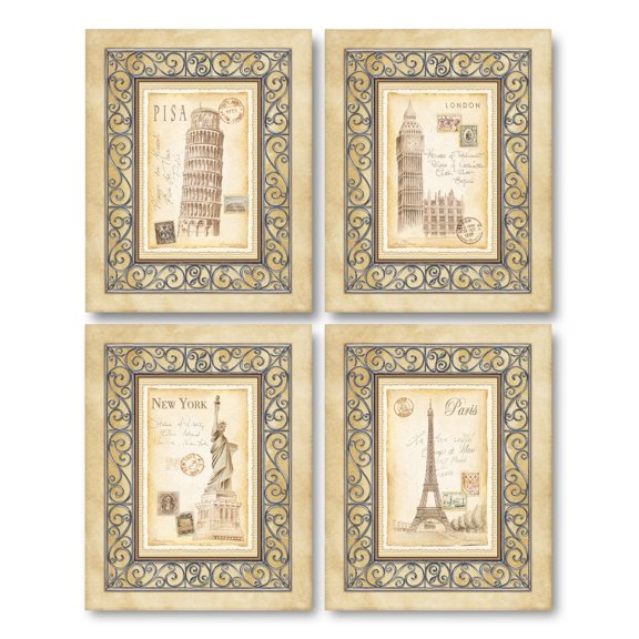 Popular Postcard Style Pisa, New York, London, and Paris Landmarks; Four 11X14 Poster Prints