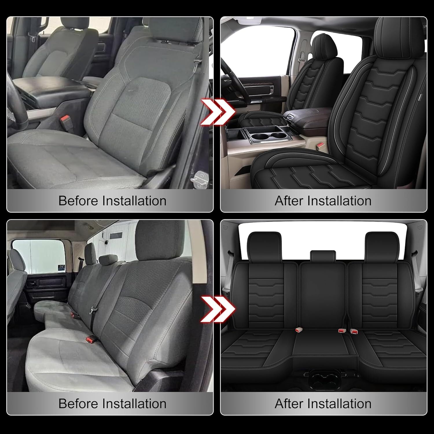 Custom Seat Covers Fit for Dodge RAM 2002-2024 2025 2026: Leather Car Seat Covers Waterproof for RAM 1500 2500 3500 Truck Pickup Crew Quad Cab with Split Bench (Black, Full Set Curved Back)