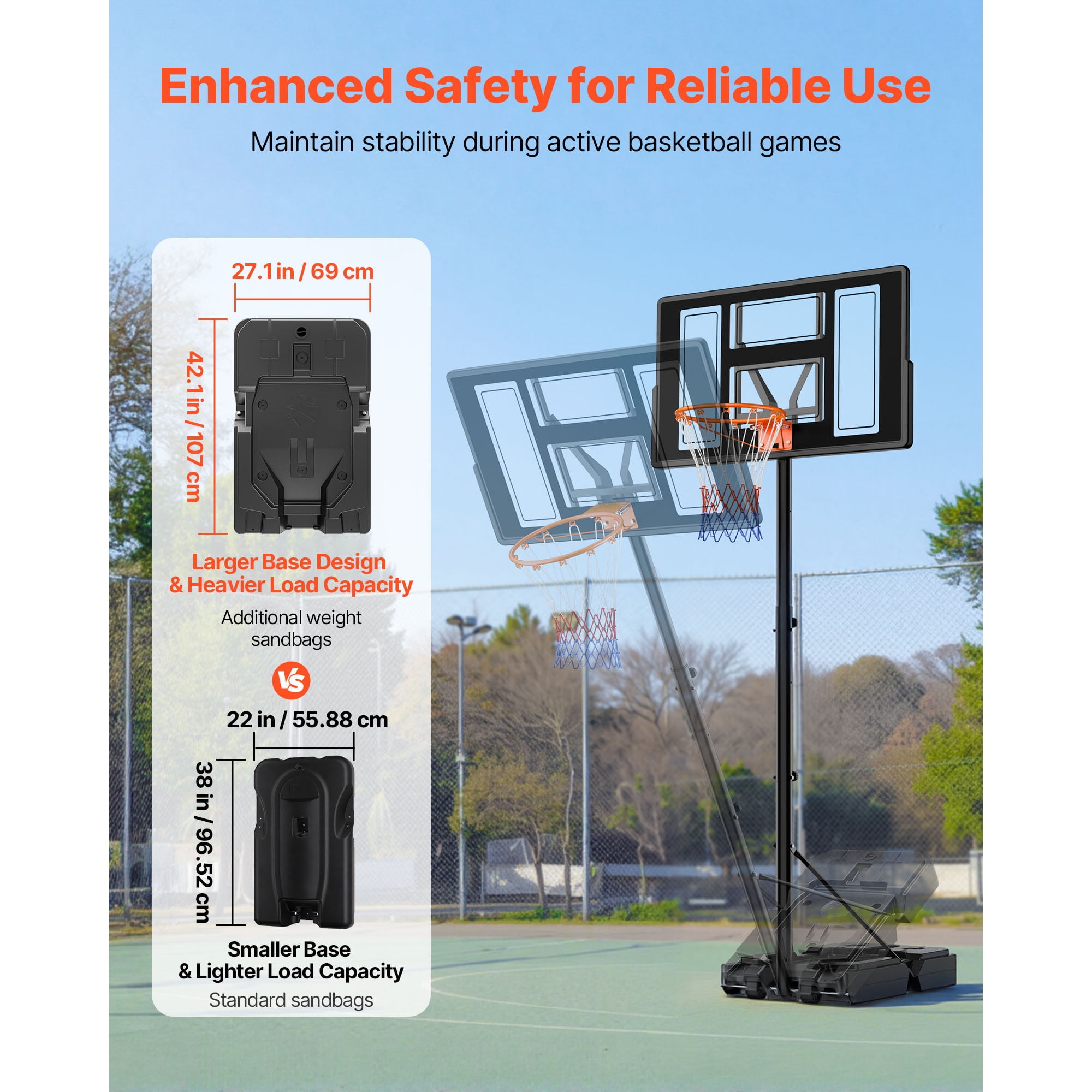 KFFKFF Portable Basketball Hoop System, Adjustable Height from 4.4 ft to 10 ft, Basketball Stand with Rolling Wheels for Driveways, Pools, Suitable for Kids, Teens, and Adults