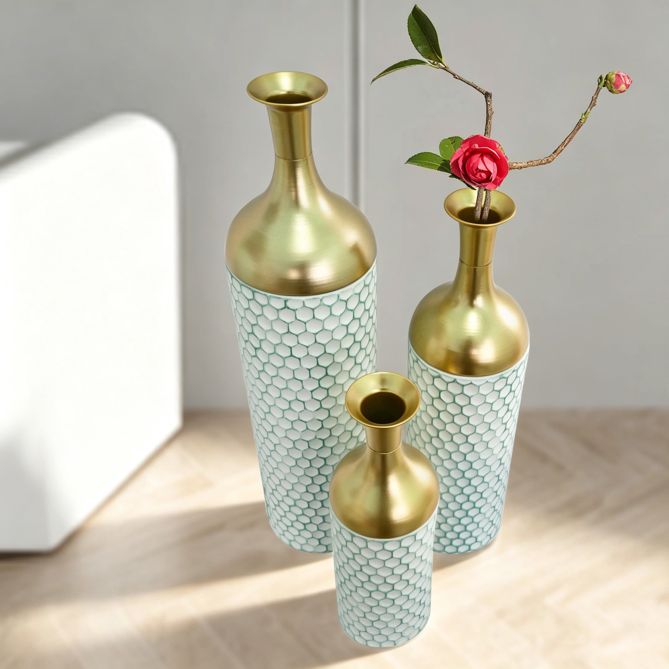 Noble House Set of 3 Decorative Metal Floor Vases, Tall Honeycomb Textured Vases for Home Decor, White+Gold