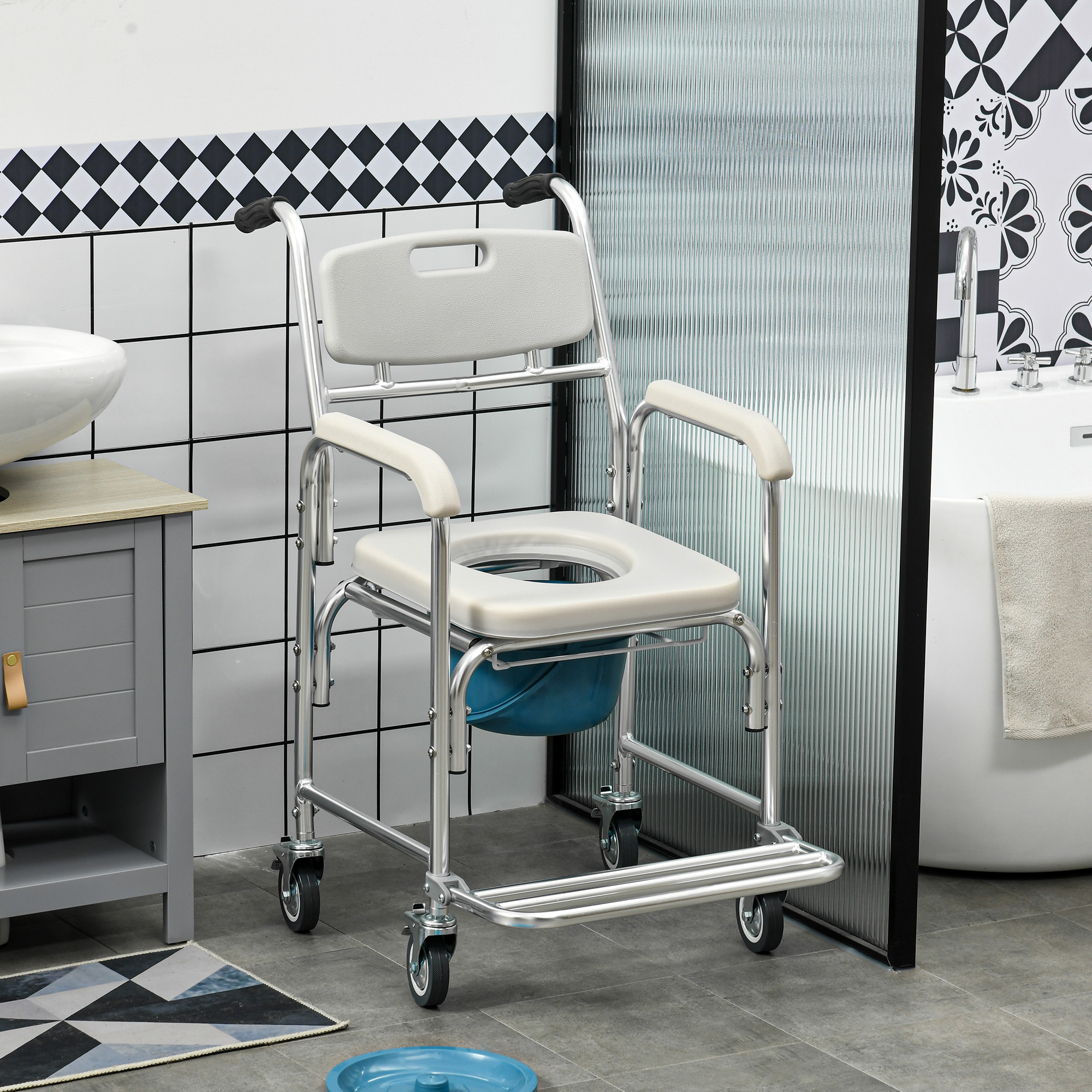 HOMCOM Shower Commode Wheelchair, Padded Seat, 330 lbs., Gray