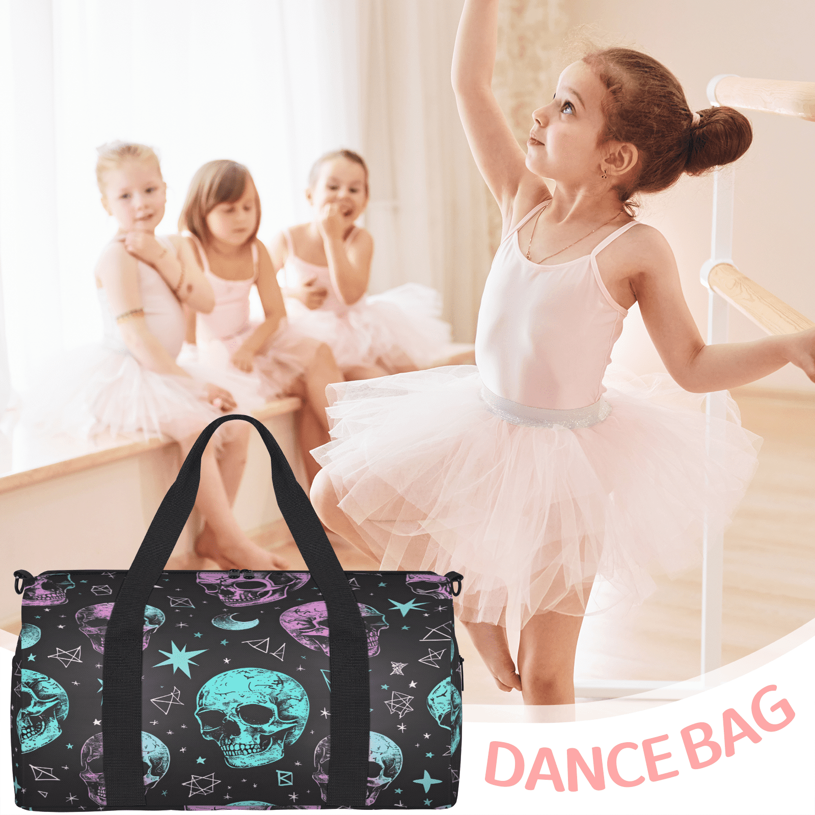Herdesigns Skull Travel Duffle Bag Sports Yoga Weekender Overnight Carry on Workout Bags Lightweight Waterproof Gym Tote Bag for Women Skeleton
