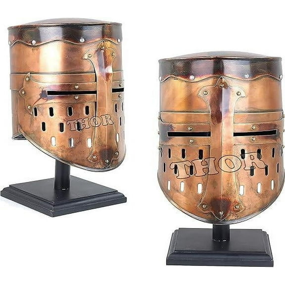 THOR INSTRUMENTS Knights Templar Crusader Medieval Armor Helmet Copper On Stand Rustic Vintage Home Decor Gifts