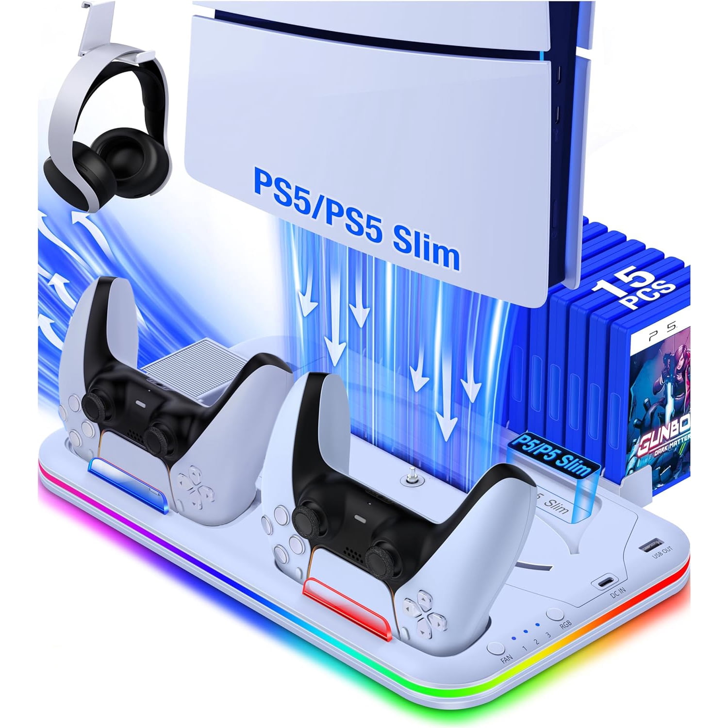 PS5 Slim Stand and Turbo Cooling Station with Controller Charging Station for Playsation 5, 3 Levels Cooling Fan, RGB Light, 15 Game Storage, Headset Holder for PS5 Digital/Disc