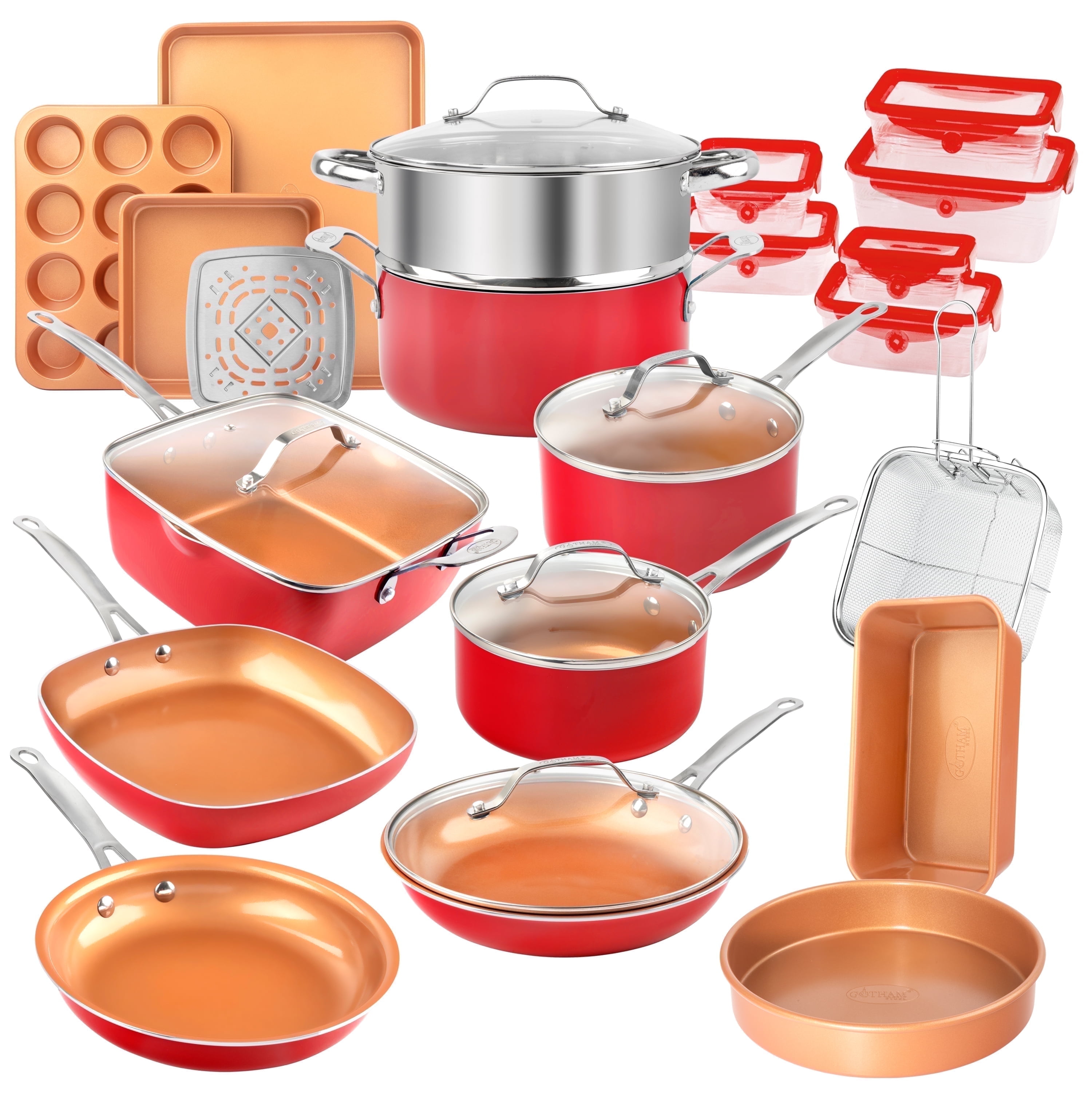Gotham Steel 32 Pcs Pots and Pans Set Non Stick, Ceramic Pots and Pans Set, Ceramic Cookware Set with Bakeware and Premium Food Storage Set, Non Stick Pot and Pan Set, Red